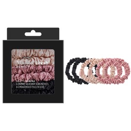 Market Fresh Beauty Mulberry Silk Skinny Hair Scrunchies, 6 Pack - Silk Hair Ties for All Hair Types, Prevents Hair Breakage & Crease-Free Hold - Elegant Beige, Blush Pink, Black