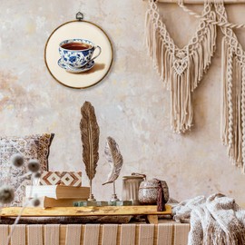 shiviody Chinoiserie Coffee Cup Canvas Wall Art Decor, Coffee Bar Wall Decor, Vintage Blue and White Tea Time Round Hanging Frame Prints Decorations for Kitchen Bar Farmhouse 10"x10"