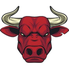 Cool Serious Buff Red Bull with Horns Cartoon - Head Vinyl Decal Sticker (8" Wide)