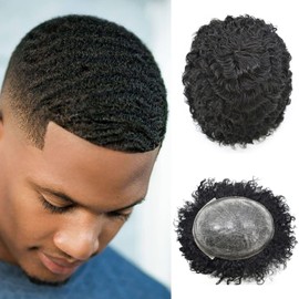 Healthlif Afro Toupee for Black Men - PU Injection Brazilian Kinky Curly Hair Replacement Unit - African American Hairpieces 8X10 10MM Afro Wave #1B Off Black