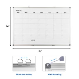 Comix Magnetic Dry Erase Calendar Whiteboard, 36 x 24 Inches Monthly Calendar Dry Erase Board for Wall, Aluminum Frame Planner White Board with Dry Erase Markers, Eraser, Magnets