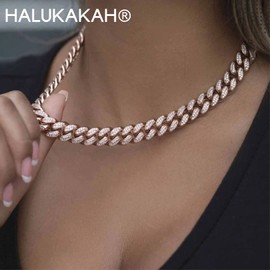 Halukakah Diamond Cuban Chain for Women Girls 13.5 mm 18 Carat Real Gold-Plated / Platinum White Gold Plated Collar Necklace Bracelet Iced Out, Laboratory Diamonds Hand Inlaid with Gift Box, Brass, No