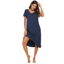 Ekouaer Women's Short Sleeve Nightgowns Soft Long Sleep Shirts Sleepwear Plus Size S-3XL Dark Blue