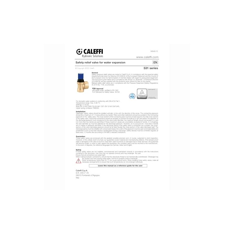 Caleffi Safety Valve for Sanitary Systems 3/4 Inch x 4
