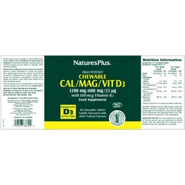 NaturesPlus Chewable Cal/Mag/VIT D3 with Vitamin K2-60 Chewable Tablets - Vanilla Flavor - Bone Health Supplement with Calcium, Magnesium, Vitamin D3 and K2 - Gluten-Free - 30 Servings