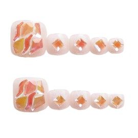 Fake Toenails Glitter Press on Toenails Rhinestone Decals Short False Toe Nails with Glue Full Cover Acrylic Toenail Tips for Women and Girls Pink Glue On Toe Nails 24Pcs