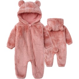 Babymine Toddler Girl Snowsuit Warm Fleece Romper Cute Cartoon Bear Hooded Footie Jumpsuit Pink for 0-12Month Toddler