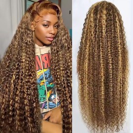 Highlight Deep Wave Lace Front Wigs Human Hair 30 Inch 13x6 HD Transparent Lace Front Wigs 200 Density 4/27 Glueless Ombre Honey Blonde Curly Wig for Women Pre Plucked with Baby Hair