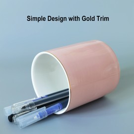 HANKOR Ceramic Pencil Holder for Desk - Cute Gold Trim Pen Aesthetic Makeup Brush Cup Holder Organizer for Desktop Storage Stationery Office Home Supplies, Pink