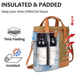 Tirrinia Insulated Wine Gift carrier - 3 Bottle Travel Padded Wine Carry Cooler Tote Bag with Handle and Adjustable Shoulder Strap, Khaki