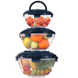 ATRDTO 3-Pieces Large Salad Bowls with Lids –Airtight Plastic Food Storage Containers – BPA-Free Salad Bowl with Lid that 4 Locks – Dishwasher Safe Salad Mixing Bowls (Dark Blue)
