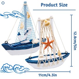 Cisolen 2pcs Mini Sailboat Decor, Wooden Miniature Sailing Boat Model, Mediterranean Style Sailing Boat Ornaments for Home Bedroom Office Desktop Crafts Sailor Nautical Favors Gifts
