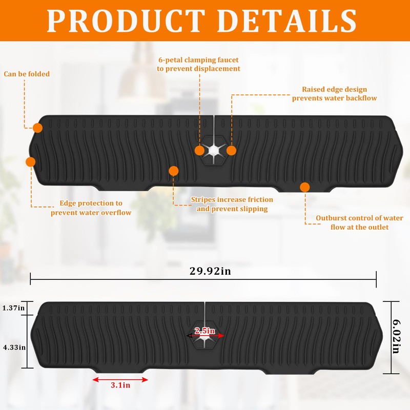 XAUXAGL 30 Inch Sink Splash Guard,Longer Silicone Sink Mat for