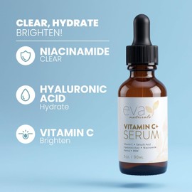 Eva Natural Vitamin C Serum for Face – Brightening Anti-Aging Dark Spot Remover & Corrector with Retinol Hyaluronic Acid Niacinamide and Salicylic Acid 1 floz Size / 에바 내추럴 비타민 C 세럼 포 페이스 – 레티놀 히알루론산 나이아신아마이드 및 살리실산을 함유한 안티에이징 다크 스팟 리무버 & 코렉터 브라이트닝 1 floz Size