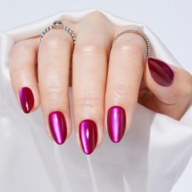 S.T. Friends Press On Nails - Christmas Berry Red Cat Eye Press On Nails Almond for Gifts,Glossy Red Short Stick On Nails with Glue, Reusable Nail Tips in 16 Sizes - 32 Fake Nails Kit