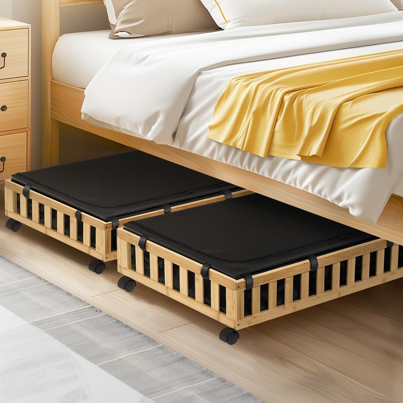 Gashell 2 Pack Bamboo Under Bed Storage with Wheels, 39”x20”x7.8”