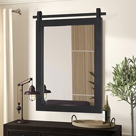 Clavie Farmhouse Wall Mirror Rustic Horizontal Wood Framed Bathroom Mirror, Barn Door Style Decorative Mirrors, 18"x26" Black
