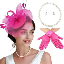 4 Pieces Women 20s Vintage Fascinator Hat Set with Pearl Necklace Earrings and Gloves for Tea Party Hats, Wedding, Derby Events - Hot Pink