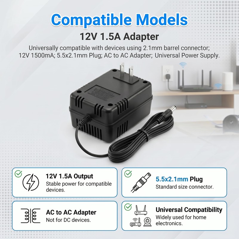 AC to AC Wall Adapter Transformer 12V Straight 2.1 mm