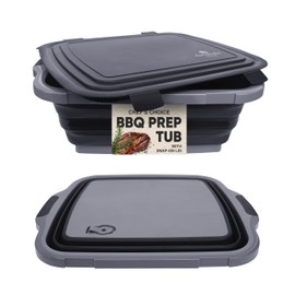 Grande Home BBQ Prep Tub Collapsible Dish Basin with Cutting Board, Locking Lid – Meal Prep Food Prep Containers with Lids BBQ Blanket for Resting Meat –3 Adjustable Height - Ideal for Camping, Picnic