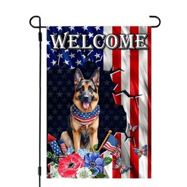 4th of July Patriotic Dog Garden Flags 12x18 Double Sided, Burlap Independence Day German Shepherd Garden Flag Memorial Day Fourth of July Decorations Outdoor Decor, Small Yard Lawn Flags for Outside