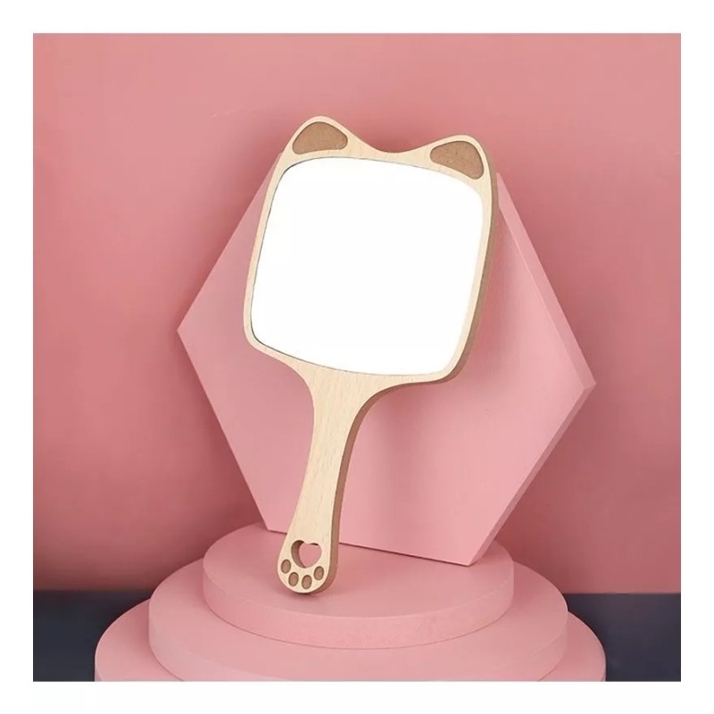 DNKEN Espejo De Mano Mango De Madera Varios Diseños Gato