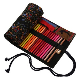 Amoyie Hand Roll Up Bag for 48 Coloring Pencil, Canvas Pencil Organiser Bag Artist Pen Carrier Bag, Pencil Wrap for Kids, Easy Use (no pencil included), Black Tree