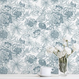 Toduso Peel and Stick Wallpaper Blue Floral Wall Paper Vintage Removable Wallpaper for Bedroom Bathroom Kitchen Waterproof Contact Paper Cabinet Vinyl Rolls 17.3"x118.1"