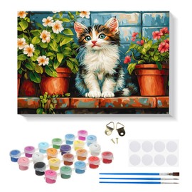 RICUVED Cat Flower Painting by Number Kits for Adult Kids, DIY Animal Canvas Oil Painting Kit for Kids or Beginner with Paint Brushes Acrylic Pigment Drawing Paintwork with Wooden Frame 20x30cm
