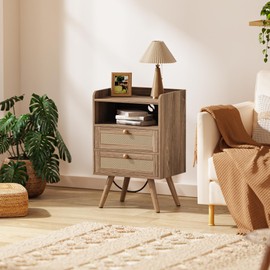 SUPERJARE 2 Drawer Night Stand with Charger Station, Boho Rattan Nightstand Set of 2, 25.2 Inch Tall Bed Side Table with Solid Wood Feet, End Table, Open Storage, Synthetic Rattan, Walnut