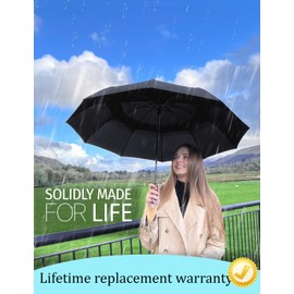 PREMIUM UMBRELLAS for Rain Windproof Travel Dark Green Umbrella - Large Double Canopy but Compact Folding Portable - Automatic Strong Wind Resistant Construction - Womens Mens Umbrella for Backpack