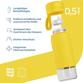 Wessper Actitex Disc Water Filter Water Bottle, 500 ml, Bottle with Filter, Reduces Chlorine, Filter Change Counter, BPA-Free Drinking Bottle - Yellow