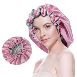 Silk Bonnet for Sleeping Satin Bonnets Double Layer Reversible Hair Cap Bonnet for Women Long Curly Braid Hair (Pink):_black_Medium