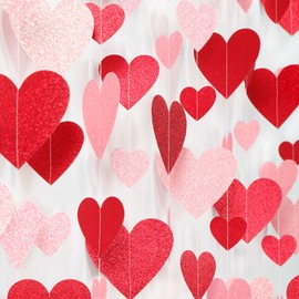 Red Pink Party-Decoration Heart Garland - 40ft Valentines Day Hanging Paper Streamers, Galentines Proposal Anniversary Romantic Birthday Baby Shower Rustic Wedding Hanging Ornaments Decor Hugfond