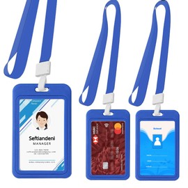 AZWOOD ID Card Holder with Double-Sided Windows, Set of 3 Vertical Hard Plastic ID Card Holder with Lanyards for Office, School, ID, Credit Cards, Proximity Keys, Driving Licenses (Blue)