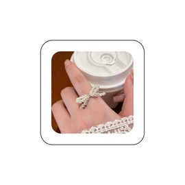 Andelaisi Boho Pearl Bow Finger Ring Vintage Bowtie Wrap Open Ring White Pearl Open Knuckle Ring Butterfly Knot Adjustable Stacking Ring Jewelry for Women