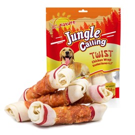 Jungle Calling Chicken Wrap Knotted Bones Dog Chews, Long Lasting Beefhide Treats Real Rawhide Bones for Large Dogs Training Treats