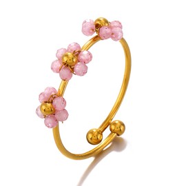 Niaspi Flower Gold Beaded Adjustable Wrap Open Ring for Women Girls Stainless Steel Cute Daisy Floral Glass Bead Petal Comfort Fit Finger Rings Stackable Knuckle Ring Jewelry BFF (Pink)