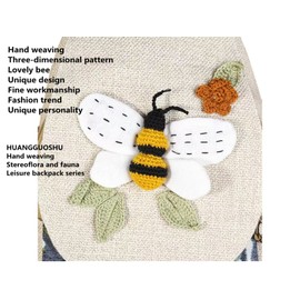 HUANGGUOSHU Boho and Hippie Small Canvas Backpack Purse for Women - Convertible Sling Bag, Embroidered and Woven Tapestry Patterns Bee