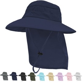 Sun Hats for Men Women, UPF50+ Protection Safari Hat,Wide Brim Fishing Hat with Neck Flap,Bucket Hats for Beach Hiking Navy