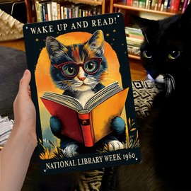 Seeyoo Cat Reading Book Metal Tin Sign Vintage Inspirational Wall Decor for School Library Study Room Bookstore Home Office 8x12 Inch