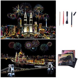 Scratch Paper Rainbow Painting Sketch Pads DIY Art Craft Night View Scratchboard for Adults and Kids 2 Packs, 16.5''X 11.5''（Budapest and Petronas Towers）