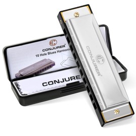 CONJURER CONJURER Blues Harmonica for Beginners Adult, 10 Hole Diatonic Harmonica Key of C, Metal Mouth Organ C Key Brass Reed Blues Harp with Case, Key C Sliver