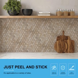 Bainley 10-Sheets Hexagon Peel and Stick Backsplash Tile, Stick on Backsplash for Kitchen and Bathroom, Light Brown PVC Mixed Metal Gold Self Adhesive Wall Tiles