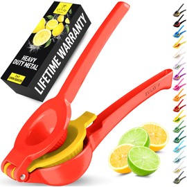 Zulay Kitchen Metal 2-in-1 Lemon Squeezer - Sturdy Max Extraction Hand Juicer Lemon Squeezer Gets Every Last Drop - Easy to Clean Manual Citrus Juicer - Easy-Use Lemon Juicer Squeezer - Red/Yellow