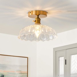BCGMYLN Semi Flush Mount Ceiling Light, Gold Hallway Vintage Lights Fixture Ceiling with Clear Water Lily Glass Modern Ceiling Light Fixtures for Porch Kitchen Bedroom
