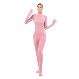 UINASH Women's Turtleneck Jumpsuit Long Sleeve Bodycon Full Body Spandex Footed Bodysuit Costume Unitard (Pink, Small)