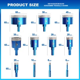 Diamond Core Drill Bit Set - BRSCHNITT Diamond Hole Saw Kit for Porcelain Tile Ceramic Marble Granite Drilling, 11pcs Diamond Drill Bits with Triangle Shank（6/8/10/20/25/28/32/35/45/50/65mm）