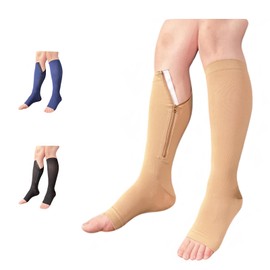 Ziperior 8-15 mmHg Compression Grade 0 Calf Inside Leg Zipper Open Toe Socks (Beige, 3X-Large)