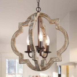 LOG BARN Farmhouse Chandelier, 3 Lights Rustic Handmade Wood Orb Chandeliers Hanging Pendant Light Fixtures for Dining Room, Bedrooms, Foyer, Entryway and Hallway